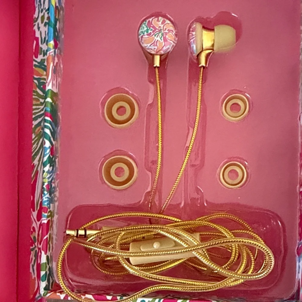 ❤️3 for $15❤️ Lilly Pulitzer Let’s Cha Cha Ear Buds with Gold Accents, like new!